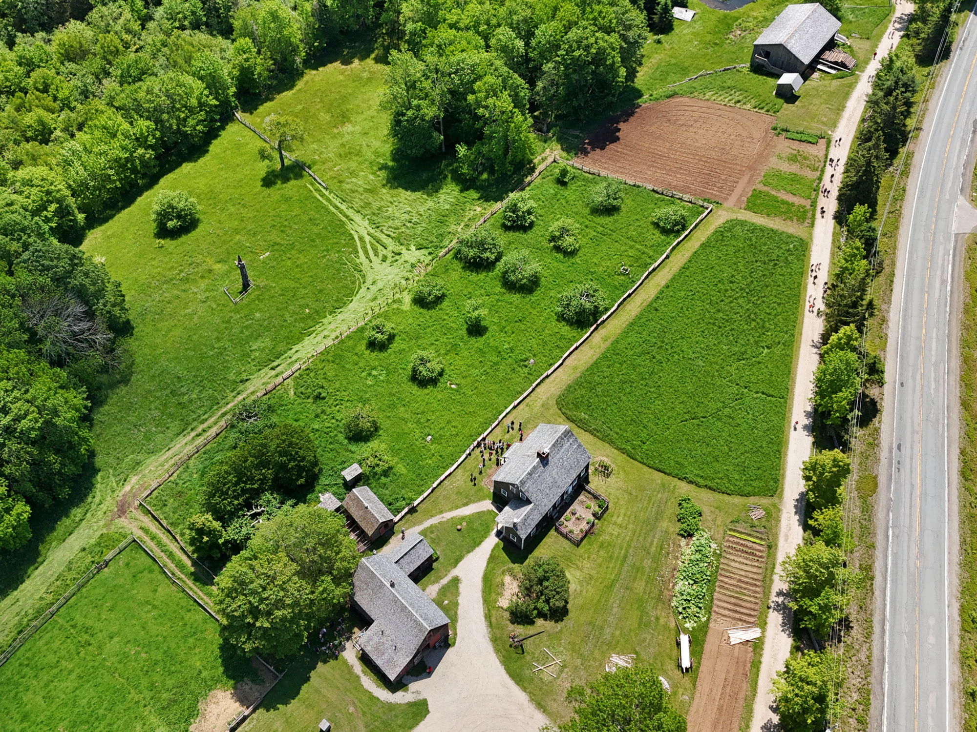 An arial view of the Ross Farm Museum's pastures. 