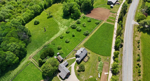 An arial view of the Ross Farm Museum's pastures. 